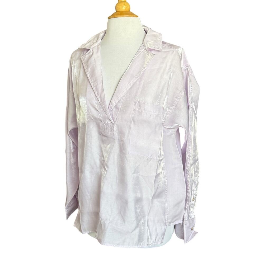 NEW Pilcro Anthropologie Dreamcore Shine Henley Long Sleeve Blouse Lilac Medium - Picture 3 of 11